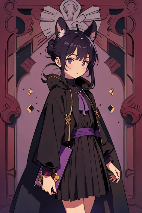 line-art, art book, best quality, small girl, violet eyes, two bun hairstyle, black hair, black mouse ears, violet cloak