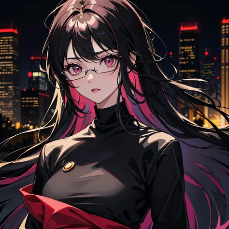 masterpiece, newest, absurdres, safe, beautiful girl, woman, anime girl, anime, long black stright hair with bangs, black dark hair, black hair under mixed,  bautiful detailed hair, pink eyes, her expression is intense and focused, wearing elegant glasses,...