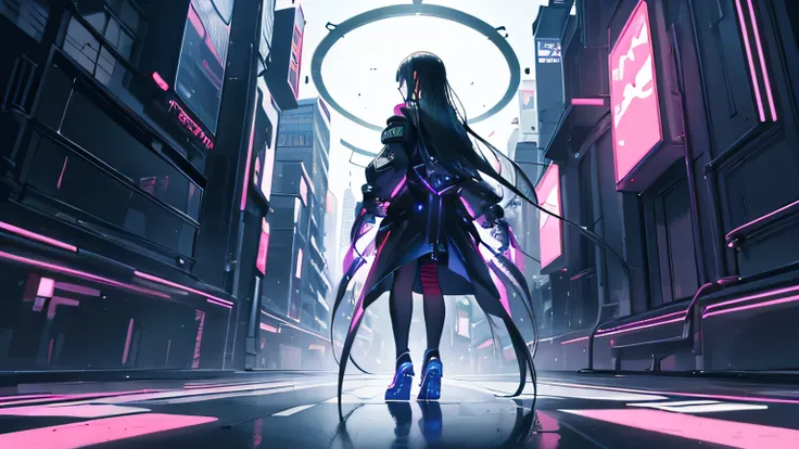 ((best quality)), ((masterpiece)), (detailed), One Woman、Long black hair、A back view of a man walking through a futuristic neon city, wearing headphones .night