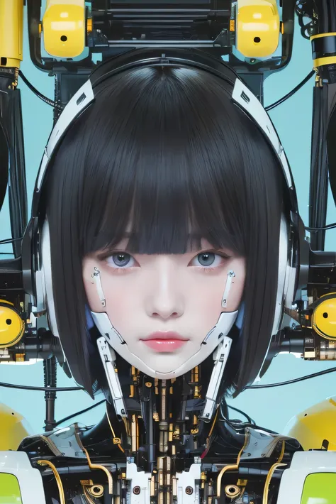 masterpiece, best quality, extremely detailed,portrait,upper body,front view,Japaese android girl,Plump, control panels,android,Droid,Mechanical Hand, Robot arms and legs,Blunt bangs,long tube,thick cable connected her neck,