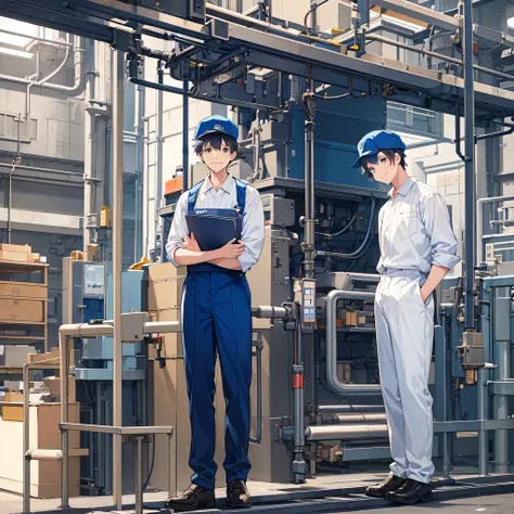 (perfect face), detail-oriented, (full body), three boys, equal height, front view, in factory, mechanic, slim build, wearing blue hat, blue work clothes, illustration, stroke, formal, iconic logo, Kyoto Animation production style, chatty, full smile, open...