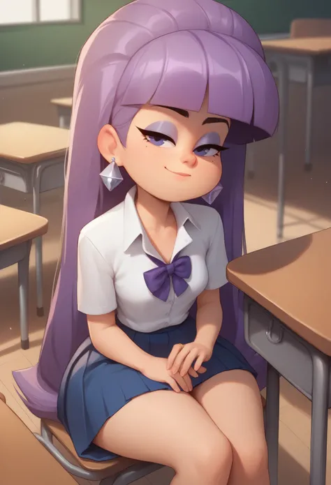 Pacifica Northwest. Small saggy breasts. huge hips. thin body, long blond hair with bell-shaped bangs and dark blue eyes. She also has thick purple eye shadow and lavender ring earrings. school uniform. school class. desk. sitting