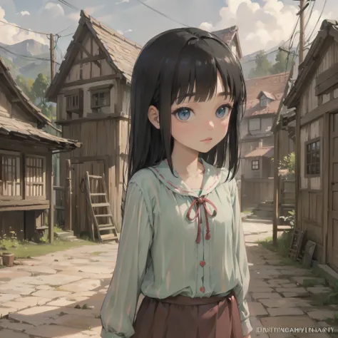  masterpiece, (textured skin), best quality,fantasy, gorgeous beautiful girl, early teenage girl, detailed clothes,villager,, (beautiful face), cinematic lighting,  