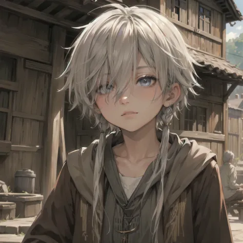  masterpiece, (textured skin), best quality,fantasy, 1boy, grey hair,hair over eyes, detailed clothes, (beautiful face), cinematic lighting,  