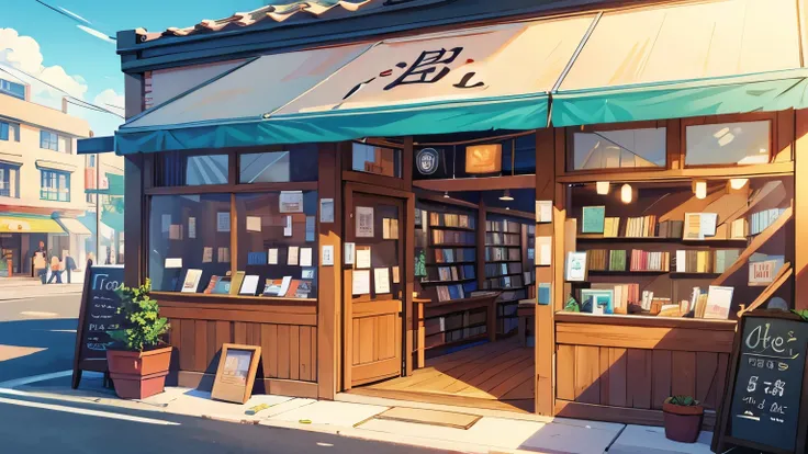 Background illustration of a bookstore in front of a store、noon、 bright 