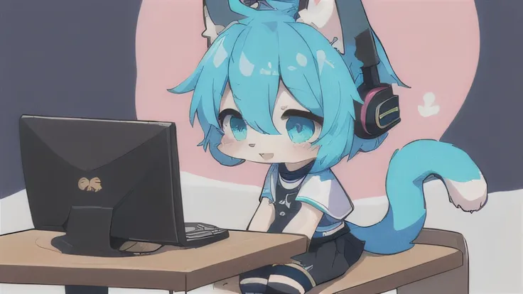 anime character with white headphones and blue hair sitting on a table, anime catgirl, femboy, catbot, cute anime catgirl, anime girl with cat ears, anime artstyle, beautiful anime catgirl, anime style 4 k, anime cat, mikudayo, girl with cat ears, chibi ne...