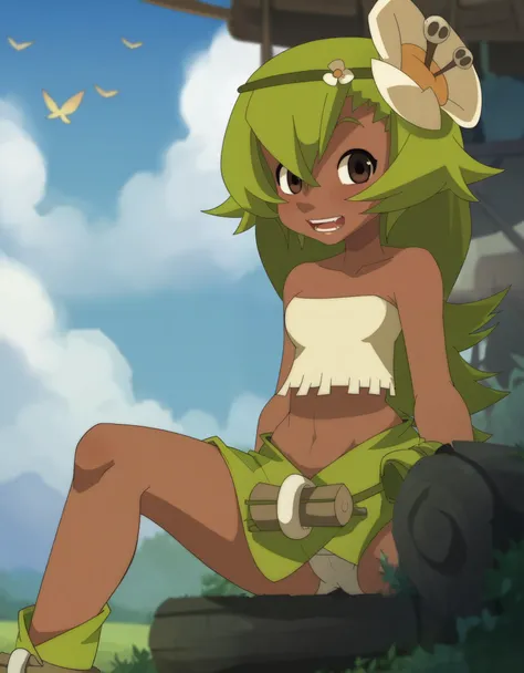 (score_9, score_8_up), score_7_up, score_6_up,  anime screenshot, looking at viewer, clouds
1girl, amalia sheran sharm, green hair, green hairband, hair ornament, hair flower, dark skin, brown eyes, strapless, tube top, leaf skirt, 
looking at viewer, spre...