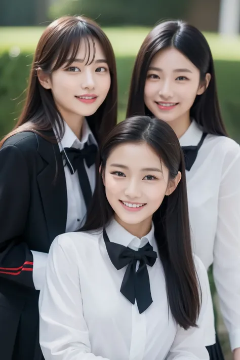 top-quality、8k、32K、​masterpiece、 NFSDW:1.2)、2girls、Two girls with long hair 、 Two beautiful Japanese women、 heavy bang、 Long sleeve shirt、Length Hair、 School Uniform、Black Hair、Classy woman、 cute smile