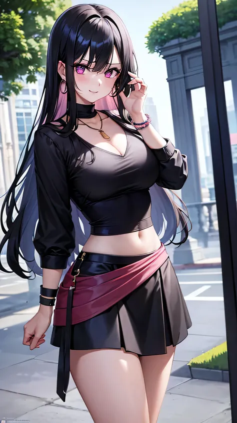 masterpiece, best quality, highly detailed, 1girl, solo, perfect anatomy, slim, Pink eyes, Black hair with bangs, black hair, multicolored hair, gradient hair, Butterfly headband, pink lips, thick thighs , edgCT, blouse, wearing Black edgCT, chic  Black to...