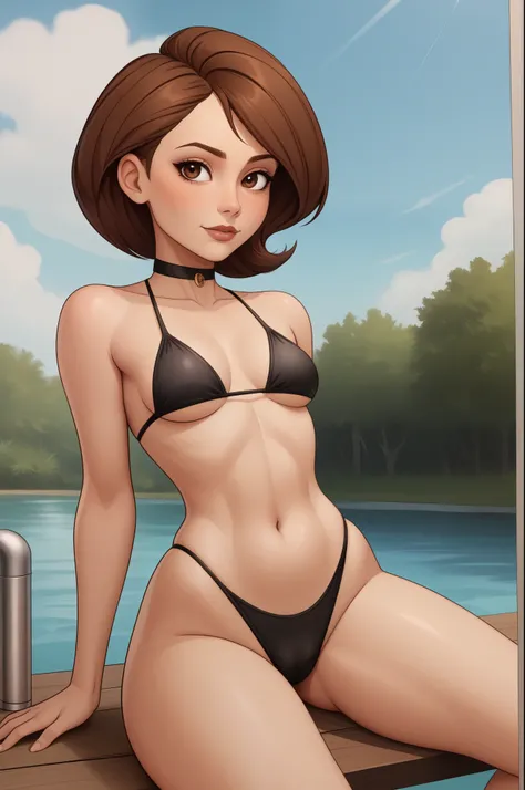 account_9, account_8_ex, account_7_ex, account_6_ex, account_5_ex, account_4_ex. Helen Parr. narrow waist. small saggy breasts. huge hips and buttocks. brown hair. brown eyes. the middle square. choker. swimsuit. river