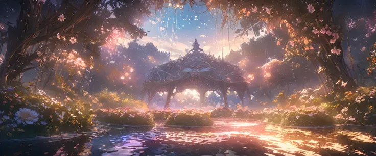 masterpiece, best quality, extremely detailed CG unity 8k wallpaper, a magical pond in the evening, finely detailed, cinematic lighting, highres, flowers bloom，（（（Spring morning））） .super wide angle（（（masterpiece）））, （（best quality））,（（Intricate details））,...