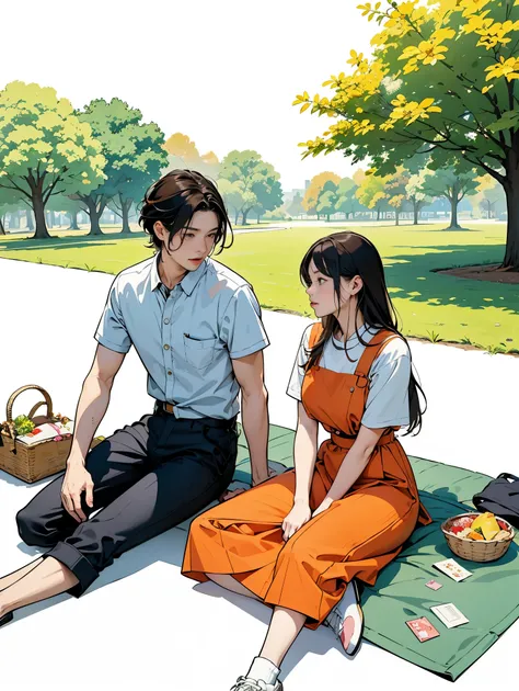 like者のベクターイラスト, Stylish men and women enjoying a picnic in the park,  with flowing lines and warm colors drawn on a white background. This scene is modern, Stylish park setting, like者たちが集まり、A place to relax and enjoy each other&#39;s company. The design is...