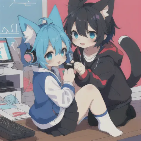 Cute, hotter, sexy, blushing, lust face, face with dementia, anime style, cute, ahehao face knife, anime yandere style, anime character with white headphones and blue hair sitting on a table, anime catgirl, femboy, catbot, cute anime catgirl, anime girl wi...