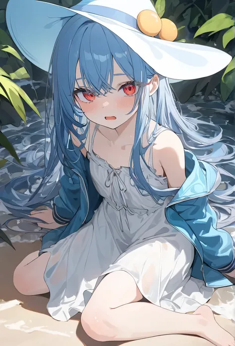 masterpiece， high quality， Best Quality ，  Official Art  ，Beautiful and picky，  Very detailed（Fractional art 1 .2），rich colors，Most detailed， a girl，Expressionless， dark blue long hair ，long bangs，  Bright Red Eyes  ，pale albinism，barefoot，  wearing a whit...