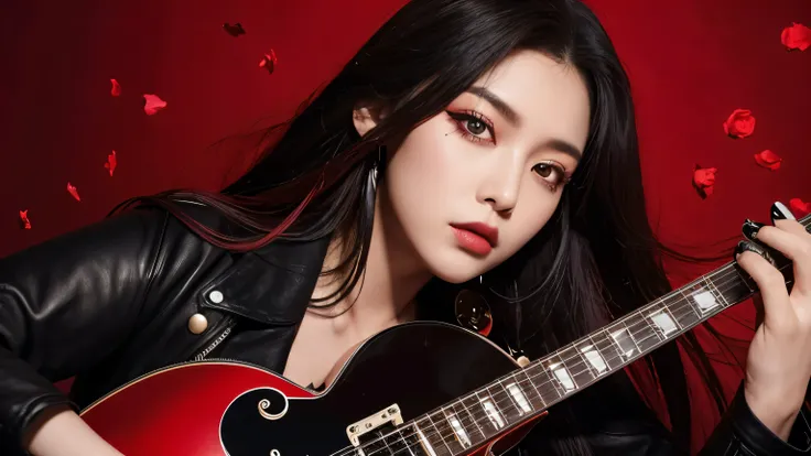 Portrait of a powerful female K-POP rock artist named ZERO ROSE, holding a bold, crimson electric guitar. She wears a striking dual-tone outfit, one side sleek black leather and the other deep scarlet velvet, symbolizing her dynamic dual nature. Her intens...