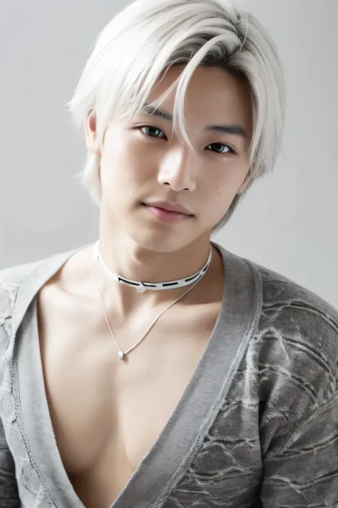 Pretty Japanese boy, half smile, age 16, cleavage, Japanese idol no.1、bleached white hair,Gray background、Studio shot、choker、cowboy shot、portrait、looking at viewer、motion lines, cleavage,