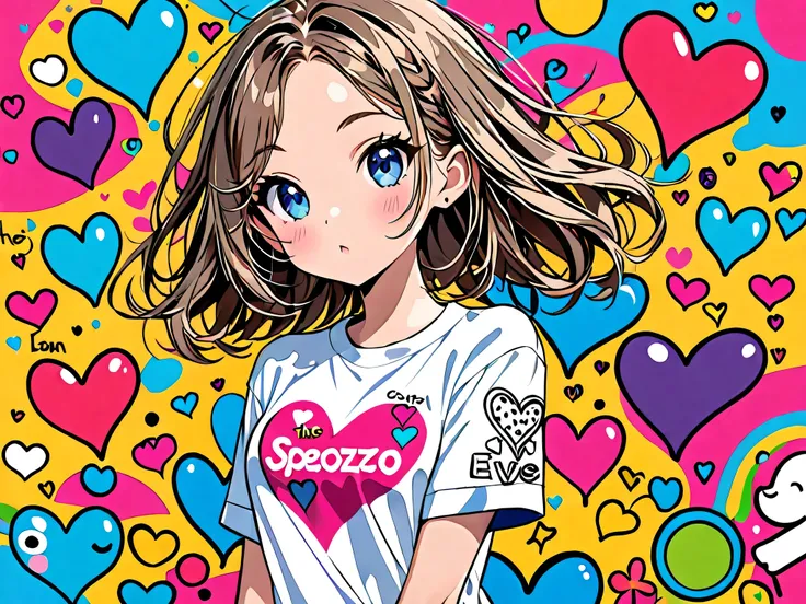  hyperrealism, Simple Line Acronym，Abstract art，Seizo Watase Style , ((( The most beautiful girl ever))),  Colorful hearts, sports Fashion, (((The background is a cute doodle))), (((Cute Protozoan))),  stylish design , 