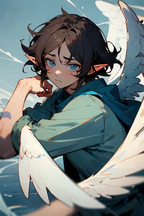 Tired elf angel man with dark hair and big bright blue eyes, grey wings are visible