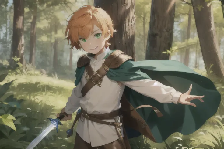 "Design a medieval fantasy young boy with short, slightly tousled orange hair. He has bright, energetic green eyes and a mischievous grin. His outfit consists of a blue and brown medieval tunic with leather straps and accents, paired with brown trousers an...