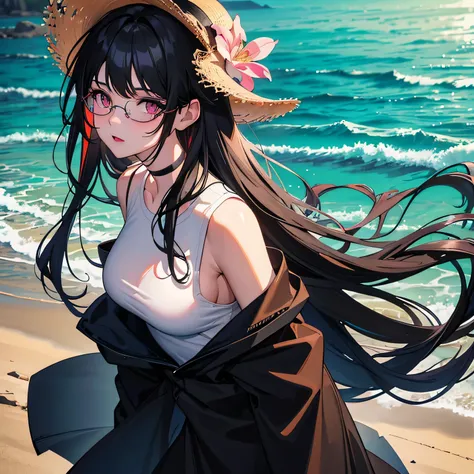 masterpiece, newest, absurdres, safe, beautiful girl, woman, anime girl, anime, long black stright hair with bangs, black dark hair, black hair under mixed,  bautiful detailed hair, pink eyes, her expression is intense and focused, wearing elegant glasses,...