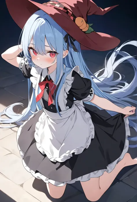 Boutique， high quality ， best quality， Official Art ， pretty and picky ，Very detailed（Score Art 1  .2），The most detailed， a girl ，，Dark blue long hair，Long bangs， Bright Red Eyes ， Pale Albinism ，barefoot， Wearing a Black and White Maid，Wearing a wizard ha...