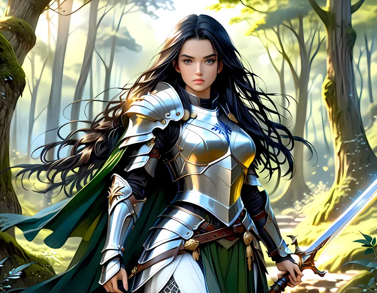 a picture of woman paladin of nature protecting the forest, a woman knight, black hair, long hair, full body (best details, mast...