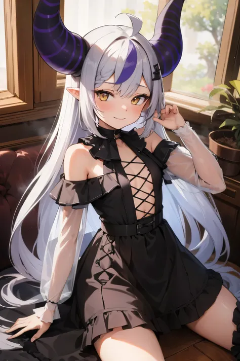 NSFW,masterpiece,Best Quality, Hi-Res, very detailed, Laplace Darkness , long hair,Small breasts,( s:1.5), dress, ruffle skirt , off-shoulder ,Bad Smile