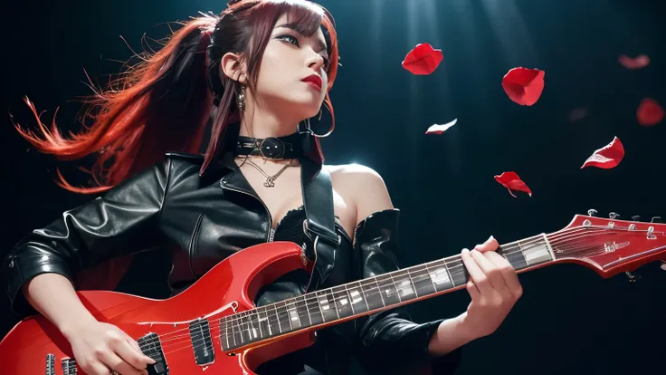 Create a high-resolution, powerful and dramatic portrait of a female K-POP rock artist named ZERO ROSE. Capture her from behind, exuding confidence as she holds a bold crimson electric guitar. She is dressed in a striking, high-detail two-tone outfit: one ...