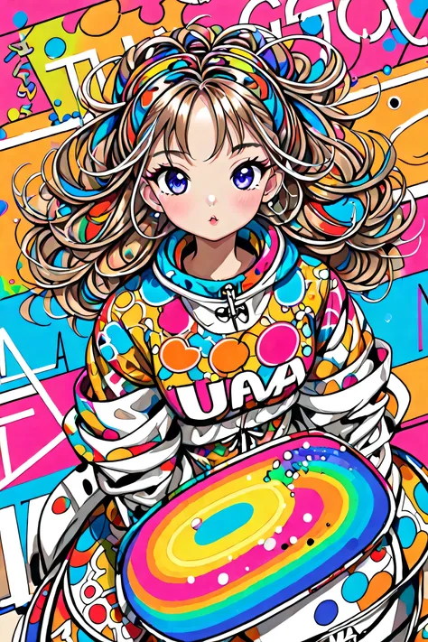  hyperrealism, Simple Line Acronym，Abstract art，Seizo Watase Style , ((( The most beautiful girl ever))),  Colorful hearts, sports Fashion, (((The background is a cute doodle))), (((Cute Protozoan))),  stylish design , 