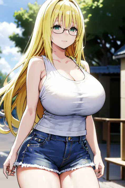 blonde hair, very huge tits, (( white tank top, short pants jeans)), ((glasses))), thick, busty, green eyes, long hair, upperbod...