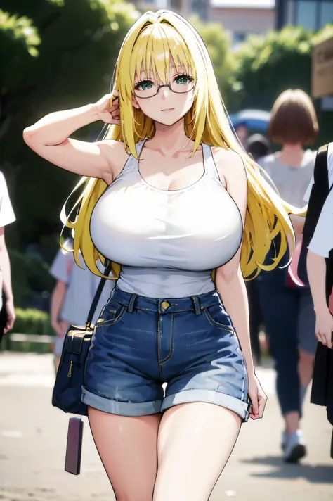 blonde hair, very huge tits, (( white tank top, short pants jeans)), ((glasses))), thick, busty, green eyes, long hair, upperbod...