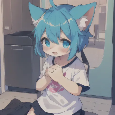 Do it with short clothes, blushing, relaxed face, adorable, hands together, perverted, short skirt, top t-shirt, femboy cute, catboy