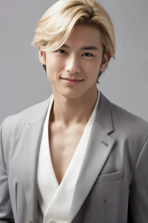 handsome Japanese boy, half smile, age 36, cleavage, Japanese host no.1、idol, blonde hair, Gray background、Studio shot、white suits、cowboy shot、portrait、looking at viewer、motion lines, cleavage,
