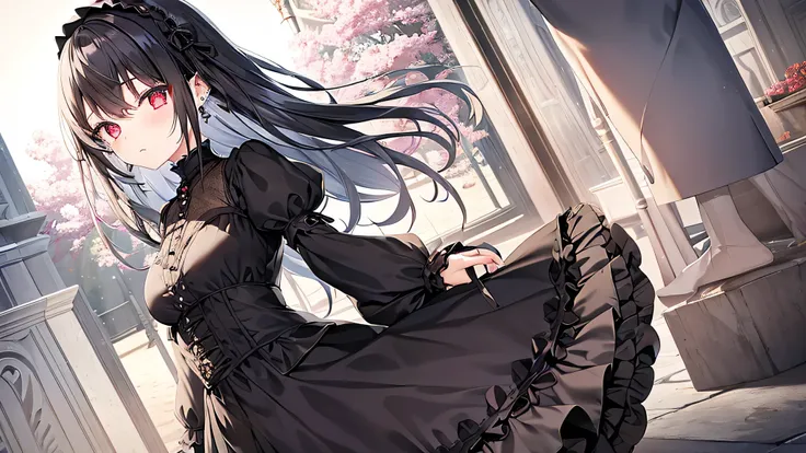  Gothic Lolita 、cute、 girl、2 people、Gray Hair、Black Hair、 short hair、 long hair、 Had、Earrings、Red eyes、White Eyes、skirt、Warrior、 Darkness