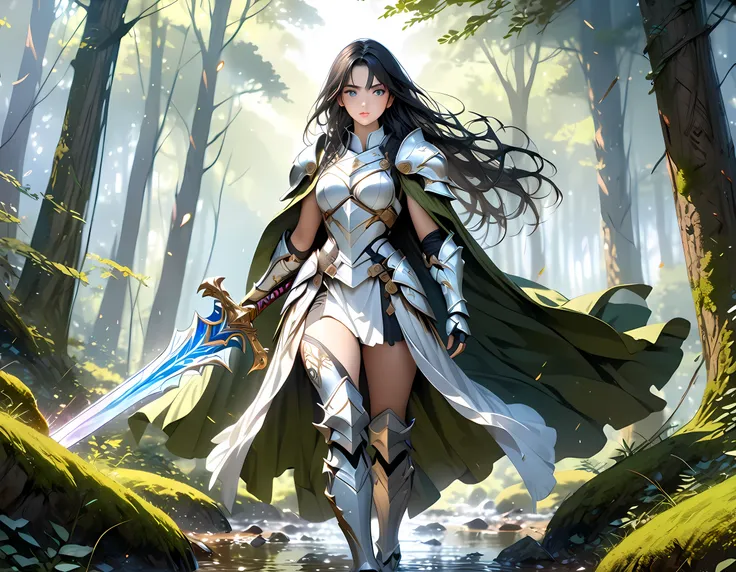 a picture of woman paladin of nature protecting the forest, a woman knight, black hair, long hair, full body (best details, mast...