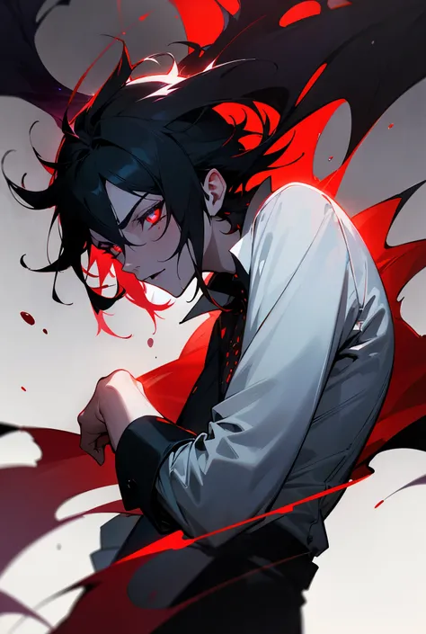 Ephemeral red and black droplets, gloomy, blue, glowing eyes, backlit, white long-sleeved shirt, lethargic, beautiful boy, decadent, vampire bites his arm