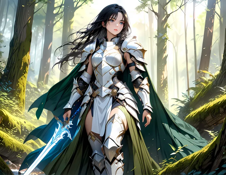 a picture of woman paladin of nature protecting the forest, a woman knight, black hair, long hair, full body (best details, mast...