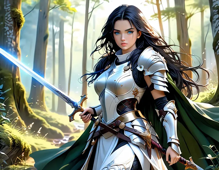 a picture of woman paladin of nature protecting the forest, a woman knight, black hair, long hair, full body (best details, Masterpiece, best quality :1.5), ultra detailed face (best details, Masterpiece, best quality :1.5), ultra feminine (best details, M...