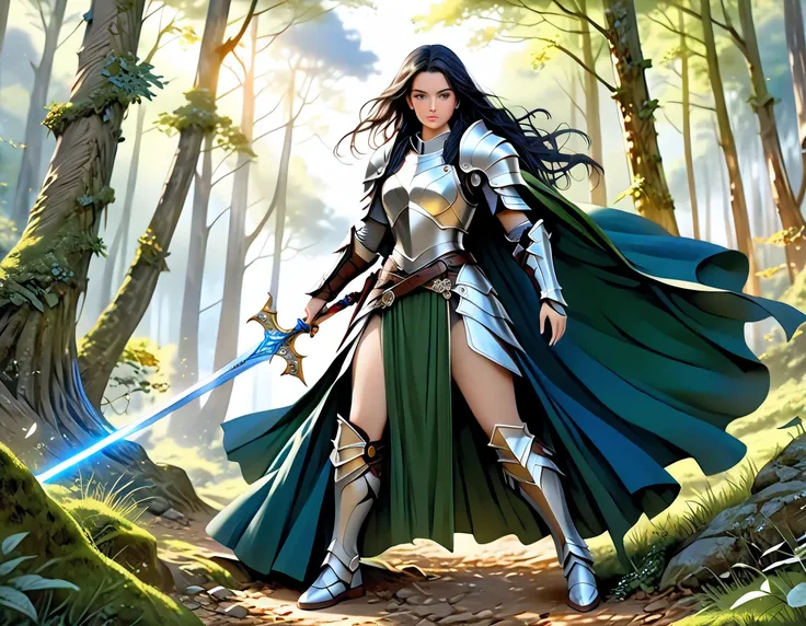 a picture of woman paladin of nature protecting the forest, a woman knight, black hair, long hair, full body (best details, mast...