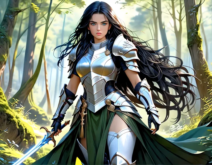 a picture of woman paladin of nature protecting the forest, a woman knight, black hair, long hair, full body (best details, Masterpiece, best quality :1.5), ultra detailed face (best details, Masterpiece, best quality :1.5), ultra feminine (best details, M...