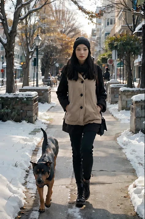 film illustration about a  girl ,  walking in a winter park with a doberman