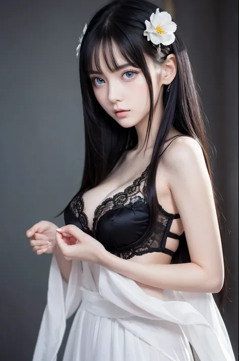 Open chest, cleavage, standing,Full body,oriental,thin eyebrows,blueeyes, big eyes,sharp face, Almond eyes, pale skin, gloss skin,hime cut,very long hair, teenager,black Cheongsam,tall,simple background,huge breasts,best quality, masterpiece ,looking down,...