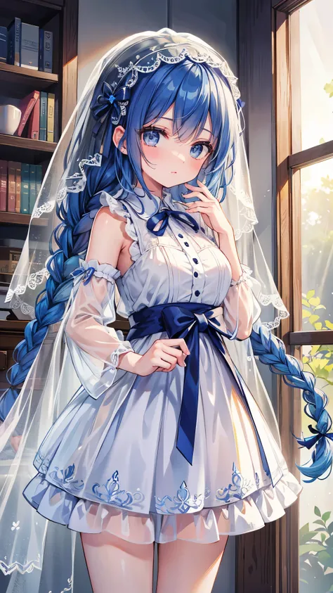 ((Best Quality)),( ultra high resolution),(Super detailed),( detailed description ),(( best CG )),(masterpiece), Highly Detailed Art ,( Art with Precise Details:1.5), (Adult female:1.7),( braided ribbon:1.3, glossy blue hair :1.5),(pure white see-through v...