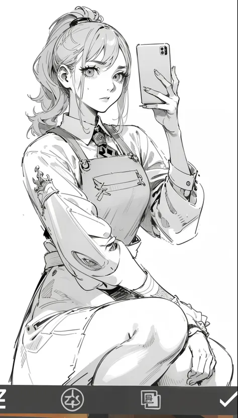 Anime style grayscale illustration of a young woman.  She is seated, leaning slightly forward, and holding a smartphone in her right hand, taking a selfie.  Her expression is somewhat pensive or worried.  Her hair is in a ponytail, and she is positioned sl...