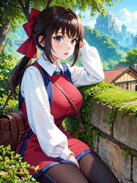 ((masterpiece,Best Quality)),  absurd,  1 girl, Alone,  dynamic pose with a school bag, Monster Farm,  dress,  long sleeve , Colored Shirt, vest, pants, forest, ponytails,  hair bow,  shoulder bag,Big Breasts、 Nipples See-through 、blush、 embarrassing expre...