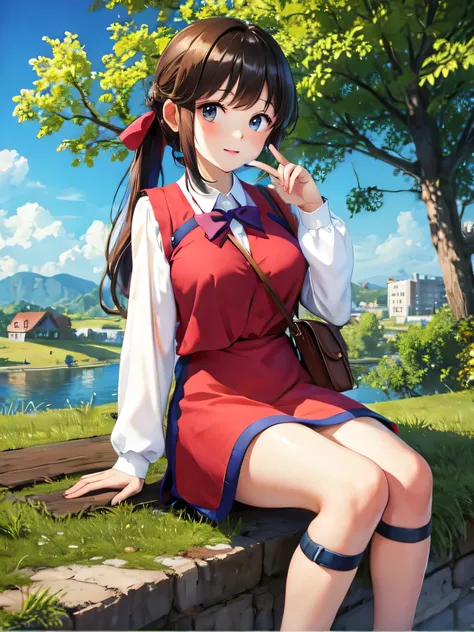 ((masterpiece,Best Quality)),  absurd,  1 girl, Alone,  dynamic pose with a school bag, Monster Farm,  dress,  long sleeve , Colored Shirt, vest, pants, forest, ponytails,  hair bow,  shoulder bag,Big Breasts、 Nipples See-through 、blush、 embarrassing expre...