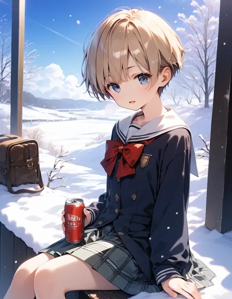 score_9, score_8_up, score_7_up, source_anime, best quality, masterpiece, official art, absurdres, highres, ultra-detailed,waifu2x,  break,1girl, very short hair, pixie cut, flipped hair, beautiful breasts,  beautiful detailed eyes, school uniform, snow, w...