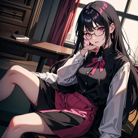 masterpiece, newest, absurdres, safe, beautiful girl, woman, anime girl, anime, long black straight hair with bangs, Black dark hair , black hair under pink mixed colour,  bautiful detailed hair, brooch butterfly on hair, pink eyes, her expression is inten...