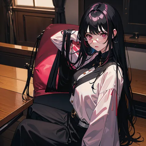 masterpiece, newest, absurdres, safe, beautiful girl, woman, anime girl, anime, long black straight hair with bangs, Black dark hair , black hair under pink mixed colour,  bautiful detailed hair, brooch butterfly on hair, pink eyes, her expression is inten...