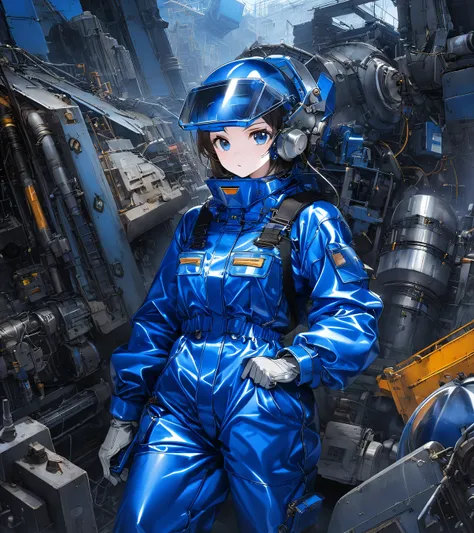 Im wearing gloves in a blue enamel shiny boiler suit２０ year old girls,The background is complex and precise machinery and equipment、 control panel 、Mecha Head、 full mask 、Fully equipped、Girl wearing gloves in thick mechanical armor 